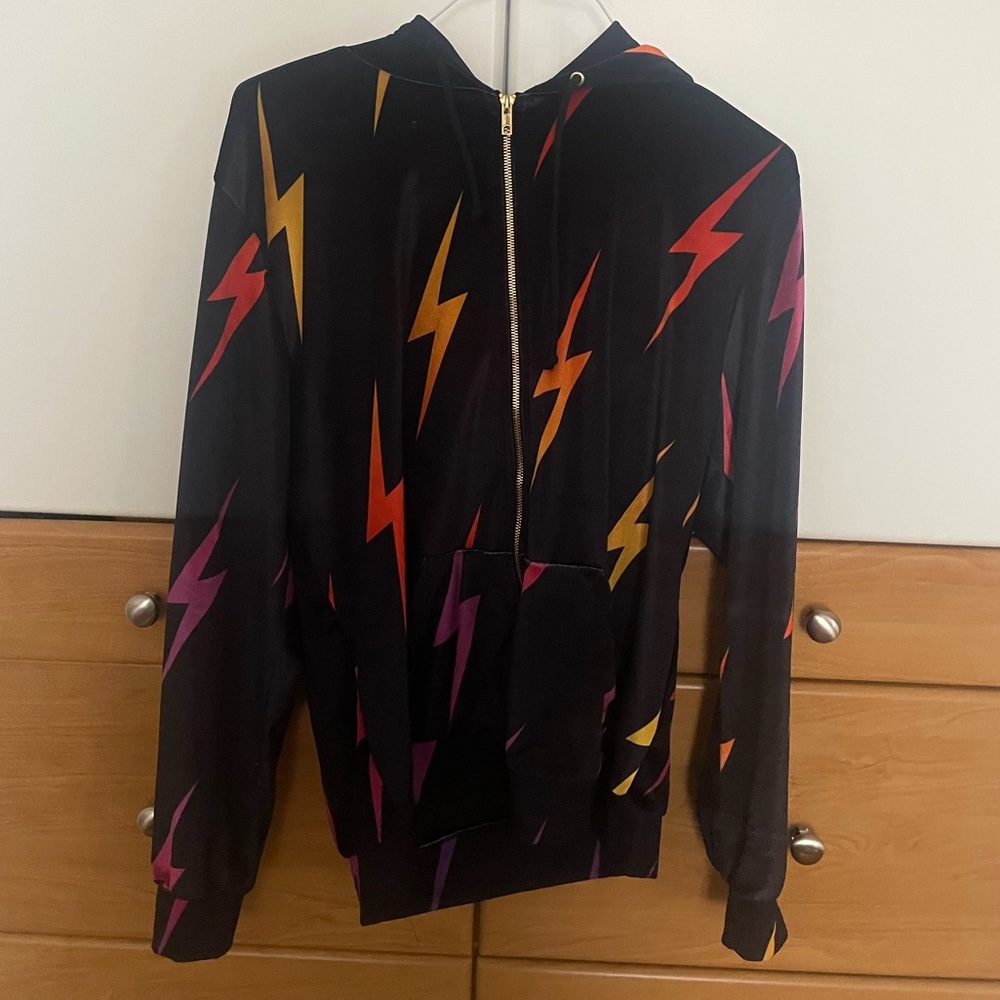 AVIATOR NATION ZIP UP LIGHTNING BOLT REPEAT VELVET HOODIE SIZE XL BLACK